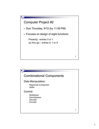 2
3
Due Thursday, 9/12 (by 11:59 PM)
Focuses on design of eight functions:
o Present() –entries 0 or 1
o a() thru g() – entries 0, 1 or X
Computer Project #2
4
Data Manipulation:
o Magnitude Comparator
o Adder
Control:
o Multiplexer
o Demultiplexer
o Decoder
o Encoder
Combinational Components
 