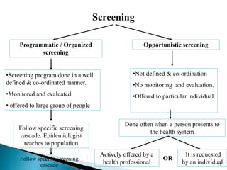 75
Programmatic / Organized
screening
•Screening program done in a well
defined & co-ordinated manner.
•Monitored and evaluated.
• offered to large group of people
Follow specific screening
cascade. Epidemiologist
reaches to population
Opportunistic screening
•Not defined & co-ordination
•No monitoring and evaluation.
•Offered to particular individual
Done often when a person presents to
the health system
Actively offered by a
health professional
It is requested
by an individual
OR
Screening
Follow specific screening
cascade
 