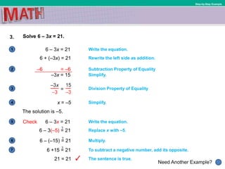 1
Need Another Example?
2
3
4
5
6
Step-by-Step Example
3. Solve 6 – 3x = 21.
Write the equation.
Subtraction Property of Equality
Simplify.
–3x = 15
The solution is –5.
Simplify.
Rewrite the left side as addition.
6 – 3x = 21
6 + (–3x) = 21
x = –5
Division Property of Equality
Check 6 – 3x = 21 Write the equation.
Replace x with –5.
7
6 – 3(–5) = 21
?
6 – (–15) = 21
?
Multiply.
6 +15 = 21
?
To subtract a negative number, add its opposite.
21 = 21 The sentence is true.
–6 = –6
 