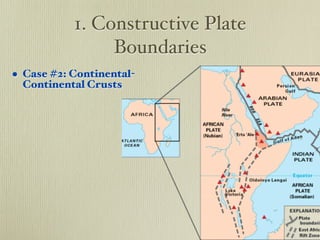 1. Constructive Plate
                Boundaries
• Case #2: Continental-
 Continental Crusts
 