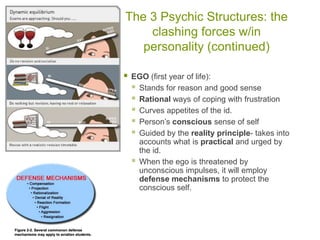 The 3 Psychic Structures: the clashing forces w/in personality (continued)EGO (first year of life):Stands for reason and good senseRational ways of coping with frustrationCurves appetites of the id.Person’s conscious sense of selfGuided by the reality principle- takes into accounts what is practical and urged by the id.When the ego is threatened by unconscious impulses, it will employ defense mechanisms to protect the conscious self.
