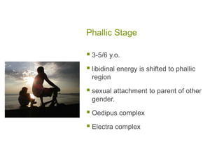 Phallic Stage3-5/6 y.o.libidinal energy is shifted to phallic regionsexual attachment to parent of other gender.Oedipus complexElectra complex