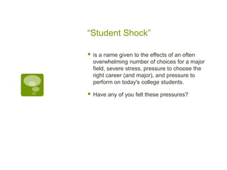 “Student Shock”is a name given to the effects of an often overwhelming number of choices for a major field, severe stress, pressure to choose the right career (and major), and pressure to perform on today's college students.Have any of you felt these pressures? 