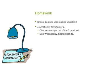 HomeworkShould be done with reading Chapter 2.Journal entry for Chapter 2.Choose one topic out of the 3 provided.Due Wednesday, September 23. 