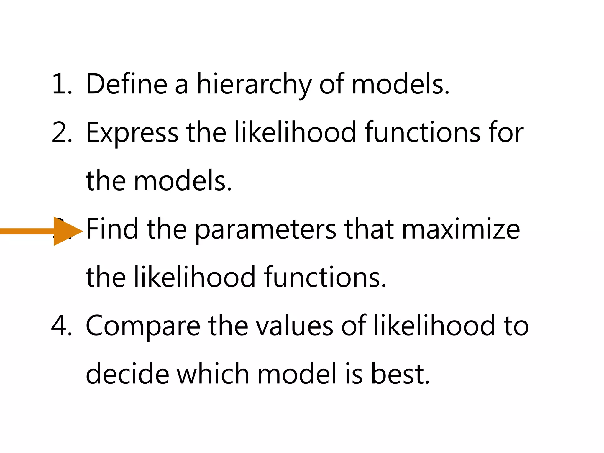 1. Define a hierarchy of models.
2. Express the likelihood functions for
  the models.
3. Find the parameters that maximize
  the likelihood functions.
4. Compare the values of likelihood to
  decide which model is best.
 