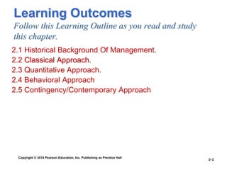 Copyright © 2010 Pearson Education, Inc. Publishing as Prentice Hall
2–2
Learning Outcomes
Follow this Learning Outline as you read and study
this chapter.
2.1 Historical Background Of Management.
2.2 Classical Approach.
2.3 Quantitative Approach.
2.4 Behavioral Approach
2.5 Contingency/Contemporary Approach
 