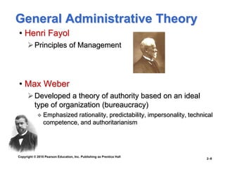 Copyright © 2010 Pearson Education, Inc. Publishing as Prentice Hall
2–8
General Administrative Theory
• Henri Fayol
Principles of Management
• Max Weber
Developed a theory of authority based on an ideal
type of organization (bureaucracy)
 Emphasized rationality, predictability, impersonality, technical
competence, and authoritarianism
 