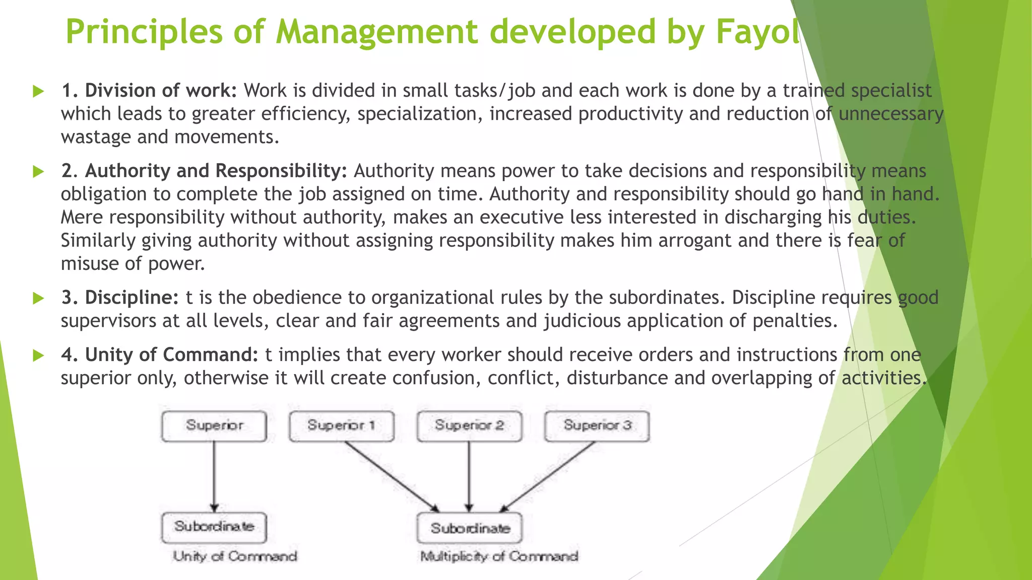 Principles of Management developed by Fayol
 1. Division of work: Work is divided in small tasks/job and each work is done by a trained specialist
which leads to greater efficiency, specialization, increased productivity and reduction of unnecessary
wastage and movements.
 2. Authority and Responsibility: Authority means power to take decisions and responsibility means
obligation to complete the job assigned on time. Authority and responsibility should go hand in hand.
Mere responsibility without authority, makes an executive less interested in discharging his duties.
Similarly giving authority without assigning responsibility makes him arrogant and there is fear of
misuse of power.
 3. Discipline: t is the obedience to organizational rules by the subordinates. Discipline requires good
supervisors at all levels, clear and fair agreements and judicious application of penalties.
 4. Unity of Command: t implies that every worker should receive orders and instructions from one
superior only, otherwise it will create confusion, conflict, disturbance and overlapping of activities.
 
