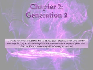 I totally mislabeled my stuff on the old LJ blog post…it confused me. This chapter
shows off the L, P, R kids which is generation 2 because I did it differently back then.
Now that I’ve unconfused myself, let’s carry on shall we?
 