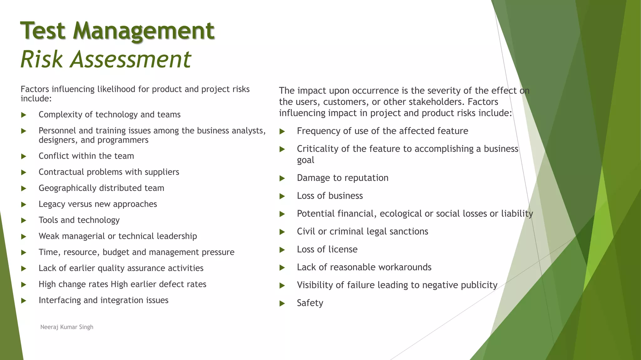 Factors influencing likelihood for product and project risks
include:
 Complexity of technology and teams
 Personnel and training issues among the business analysts,
designers, and programmers
 Conflict within the team
 Contractual problems with suppliers
 Geographically distributed team
 Legacy versus new approaches
 Tools and technology
 Weak managerial or technical leadership
 Time, resource, budget and management pressure
 Lack of earlier quality assurance activities
 High change rates High earlier defect rates
 Interfacing and integration issues
Neeraj Kumar Singh
Test Management
Risk Assessment
The impact upon occurrence is the severity of the effect on
the users, customers, or other stakeholders. Factors
influencing impact in project and product risks include:
 Frequency of use of the affected feature
 Criticality of the feature to accomplishing a business
goal
 Damage to reputation
 Loss of business
 Potential financial, ecological or social losses or liability
 Civil or criminal legal sanctions
 Loss of license
 Lack of reasonable workarounds
 Visibility of failure leading to negative publicity
 Safety
 