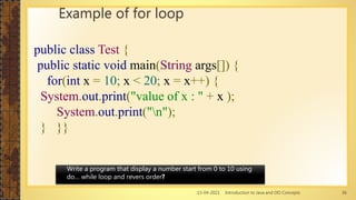 13-04-2021 Introduction to Java and OO Concepts 36
Example of for loop
Write a program that display a number start from 0 to 10 using
do… while loop and revers order?
public class Test {
public static void main(String args[]) {
for(int x = 10; x < 20; x = x++) {
System.out.print("value of x : " + x );
System.out.print("n");
} }}
 