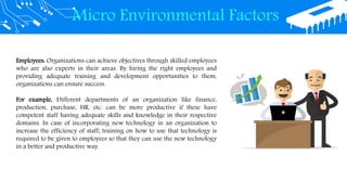 Micro Environmental Factors
Employees: Organizations can achieve objectives through skilled employees
who are also experts in their areas. By hiring the right employees and
providing adequate training and development opportunities to them,
organizations can ensure success.
For example, Different departments of an organization like finance,
production, purchase, HR, etc. can be more productive if these have
competent staff having adequate skills and knowledge in their respective
domains. In case of incorporating new technology in an organization to
increase the efficiency of staff; training on how to use that technology is
required to be given to employees so that they can use the new technology
in a better and productive way.
 