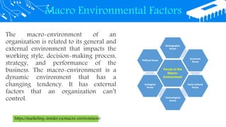 Macro Environmental Factors
The macro-environment of an
organization is related to its general and
external environment that impacts the
working style, decision-making process,
strategy, and performance of the
business. The macro-environment is a
dynamic environment that has a
changing tendency. It has external
factors that an organization can’t
control.
https://marketing-insider.eu/macro-environment/
 