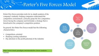 Porter’s Five Forces Model
https://www.visual-paradigm.com/tutorials/five-forces-analysis-
tutorial/
Porter Five Forces provides tools for in-depth analysis of the
company’s industry, helping companies understand the
competitive environment, correctly grasp the five competitive
forces facing the company and formulate a strategy that is
beneficial to the company’s competitive position.
In general, the Potter Five Forces model has the following
characteristics:
• Competition-oriented
• Studying existing industries
• Pay attention to the profit potential of the industry
 