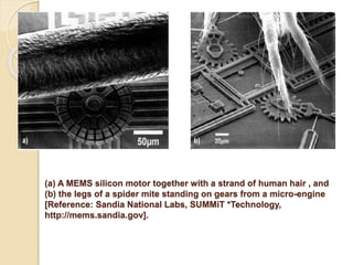 (a) A MEMS silicon motor together with a strand of human hair , and
(b) the legs of a spider mite standing on gears from a micro-engine
[Reference: Sandia National Labs, SUMMiT *Technology,
http://mems.sandia.gov].
 