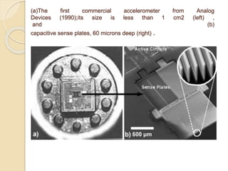(a)The first commercial accelerometer from Analog
Devices (1990);its size is less than 1 cm2 (left) ,
and (b)
capacitive sense plates, 60 microns deep (right) .
 