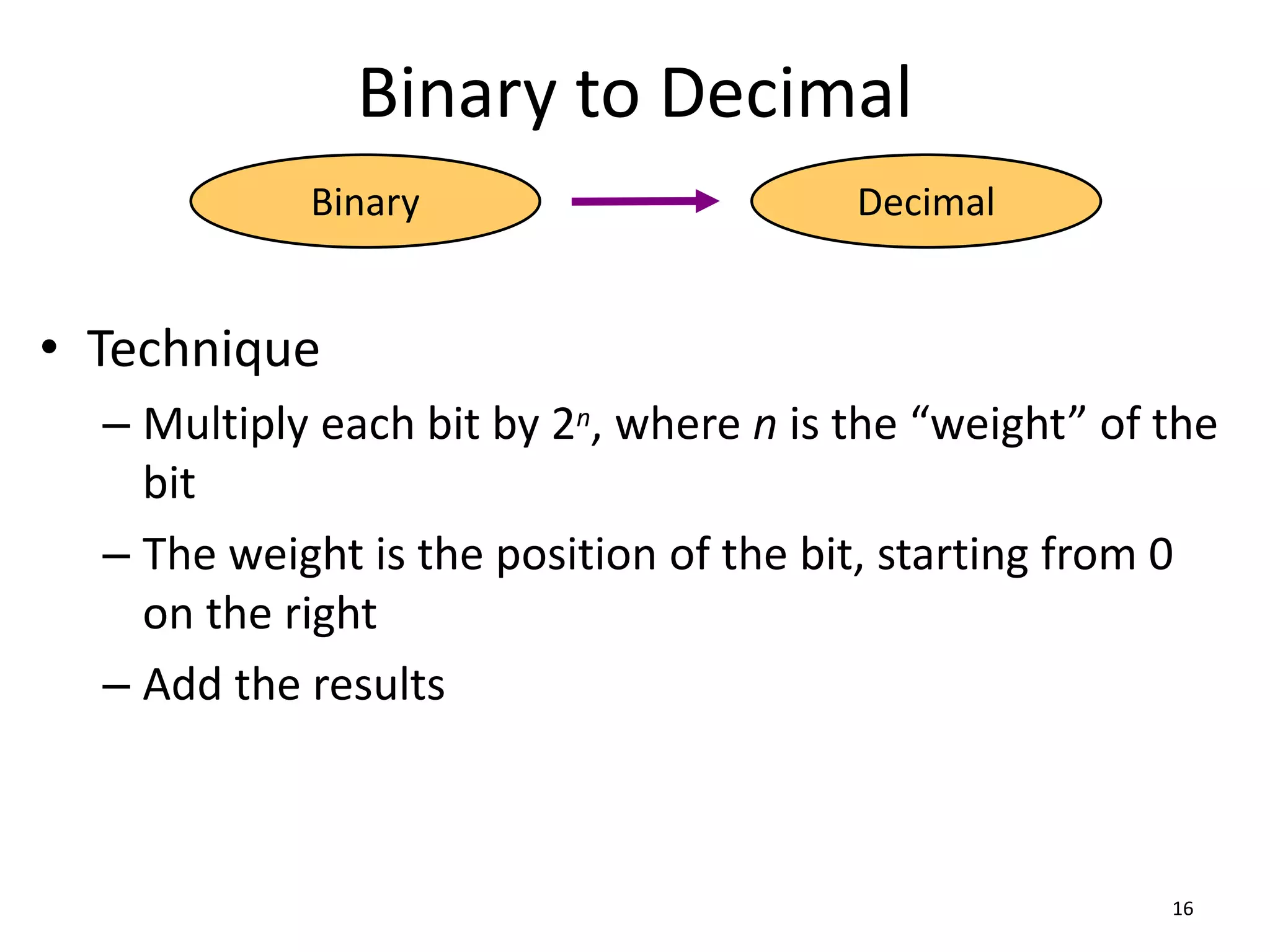 Binary to Decimal
• Technique
– Multiply each bit by 2n, where n is the “weight” of the
bit
– The weight is the position of the bit, starting from 0
on the right
– Add the results
16
Binary Decimal
 