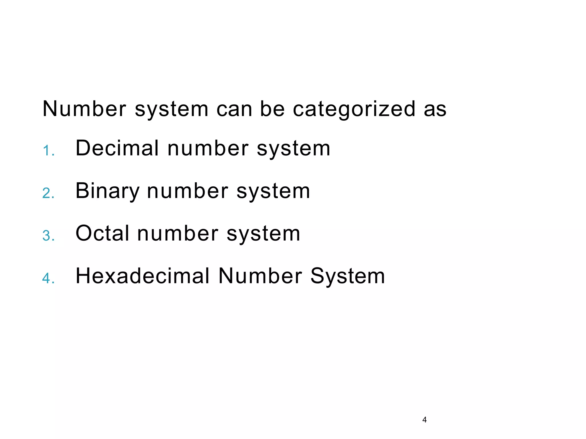 Number system can be categorized as
1. Decimal number system
2. Binary number system
3. Octal number system
4. Hexadecimal Number System
4
 