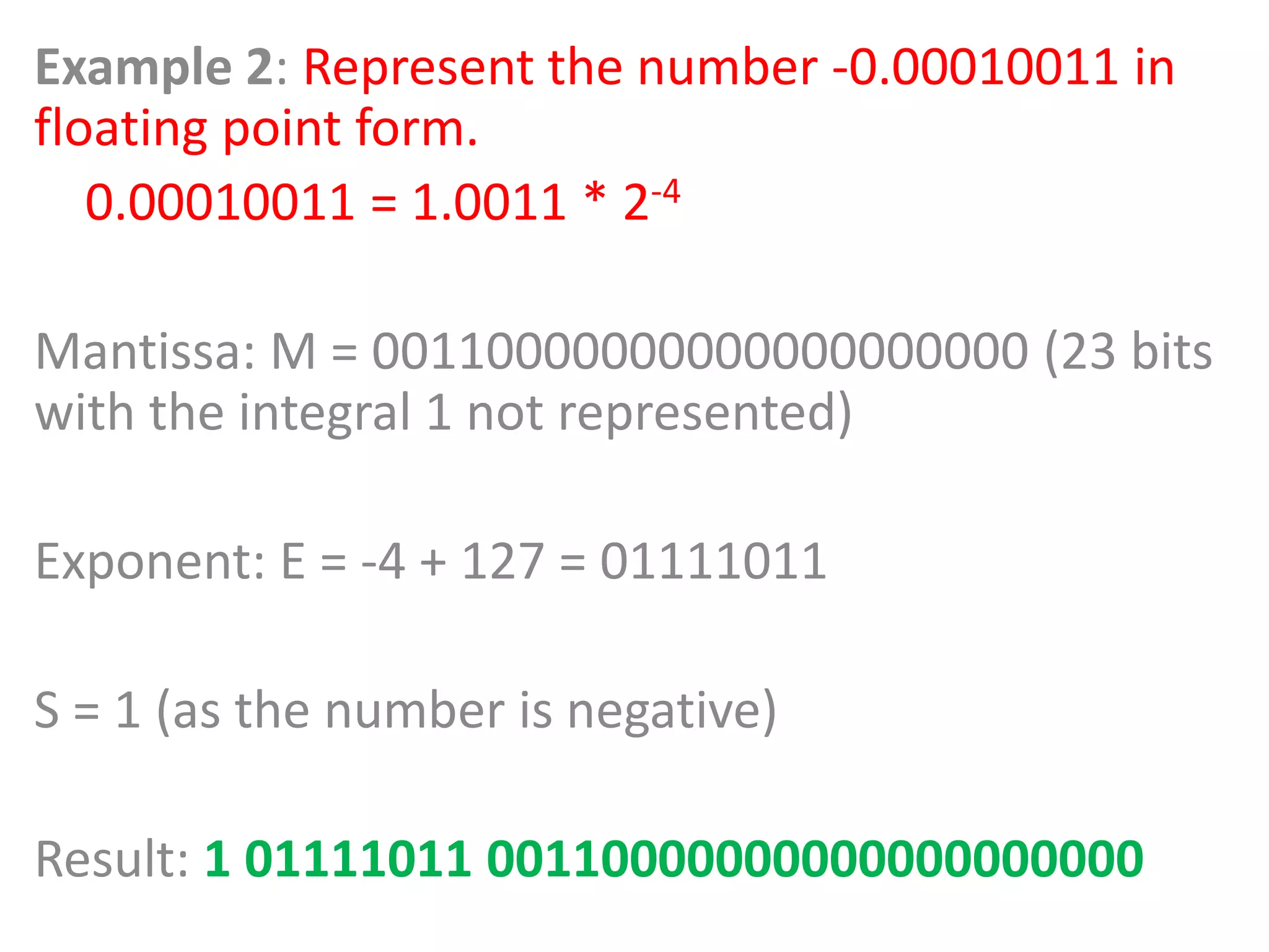 Example 2: Represent the number -0.00010011 in
floating point form.
0.00010011 = 1.0011 * 2-4
Mantissa: M = 00110000000000000000000 (23 bits
with the integral 1 not represented)
Exponent: E = -4 + 127 = 01111011
S = 1 (as the number is negative)
Result: 1 01111011 00110000000000000000000
 