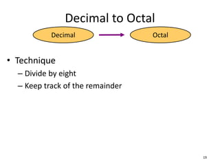 Decimal to Octal
• Technique
– Divide by eight
– Keep track of the remainder
19
Decimal Octal
 