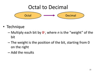 Octal to Decimal
• Technique
– Multiply each bit by 8n, where n is the “weight” of the
bit
– The weight is the position of the bit, starting from 0
on the right
– Add the results
22
Octal Decimal
 