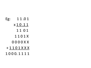 Eg: 1 1 .0 1
x 1 0 .1 1
1 1 0 1
1 1 0 1 X
0 0 0 0 X X
+ 1 1 0 1 X X X
1 0 0 0. 1 1 1 1
 