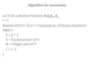 Algorithm for conversion
Let X be a decimal fraction: 0.d1d2..dn
i = 1
Repeat until X = 0 or i = required no. of binary fractional
digits {
Y = X * 2
X = fractional part of Y
Bi = integer part of Y
i = i + 1
}
 