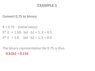 EXAMPLE 1
Convert 0.75 to binary
X = 0.75 (initial value)
X* 2 = 1.50. Set b1 = 1, X = 0.5
X* 2 = 1.0. Set b2 = 1, X = 0.0
The binary representation for 0.75 is thus
0.b1b2 = 0.11b
 