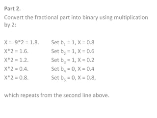Part 2.
Convert the fractional part into binary using multiplication
by 2:
X = .9*2 = 1.8. Set b1 = 1, X = 0.8
X*2 = 1.6. Set b2 = 1, X = 0.6
X*2 = 1.2. Set b3 = 1, X = 0.2
X*2 = 0.4. Set b4 = 0, X = 0.4
X*2 = 0.8. Set b5 = 0, X = 0.8,
which repeats from the second line above.
 