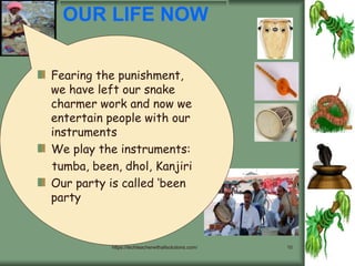 https://techteacherwithallsolutions.com/ 10
OUR LIFE NOW
Fearing the punishment,
we have left our snake
charmer work and now we
entertain people with our
instruments
We play the instruments:
tumba, been, dhol, Kanjiri
Our party is called ‘been
party
 
