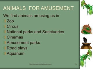 https://techteacherwithallsolutions.com/ 19
ANIMALS FOR AMUSEMENT
We find animals amusing us in
Zoo
Circus
National parks and Sanctuaries
Cinemas
Amusement parks
Road plays
Aquarium
 