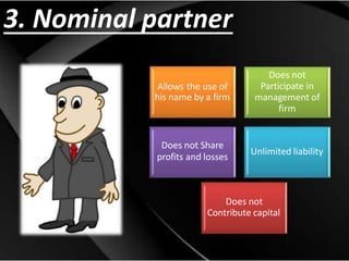 3. Nominal partner
Allows the use of
his name by a firm
Does not Share
profits and losses
Does not
Participate in
management of
firm
Unlimited liability
Does not
Contribute capital
 