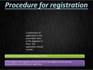 Procedure for registration
1.Submission of
application in the
prescribed form
to the Registrar of
firms. The
application should
include:
2. Deposit of required fees with the Registrar of firms.
3.The Registrar after approval will make an entry in the register of firms and will
subsequently issue certificate of registration.
 