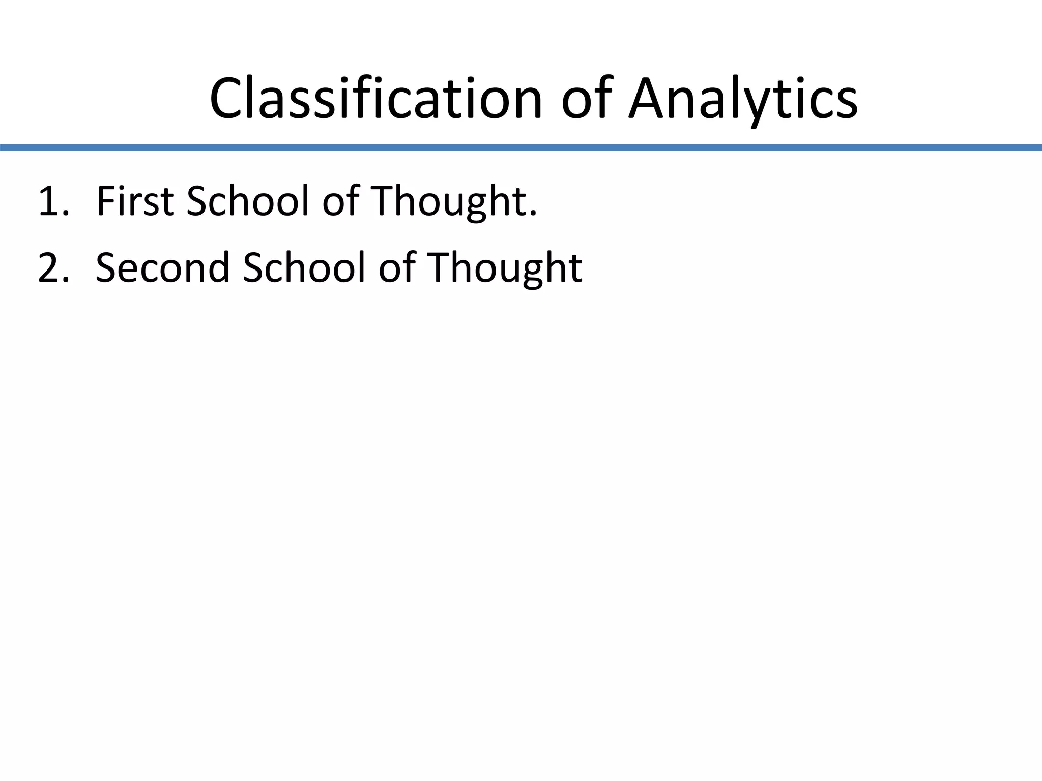 Classification of Analytics
1. First School of Thought.
2. Second School of Thought
 
