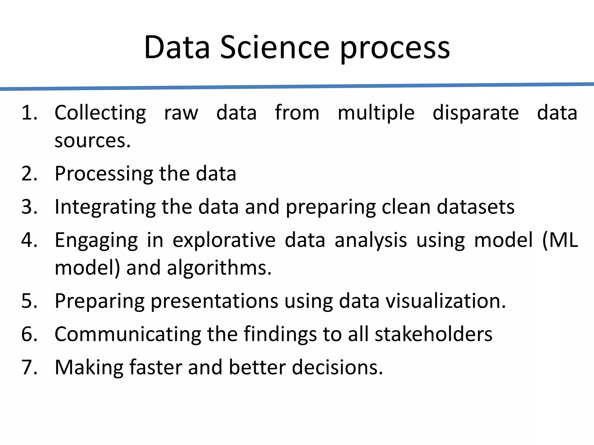 Data Science process
1. Collecting raw data from multiple disparate data
sources.
2. Processing the data
3. Integrating the data and preparing clean datasets
4. Engaging in explorative data analysis using model (ML
model) and algorithms.
5. Preparing presentations using data visualization.
6. Communicating the findings to all stakeholders
7. Making faster and better decisions.
 