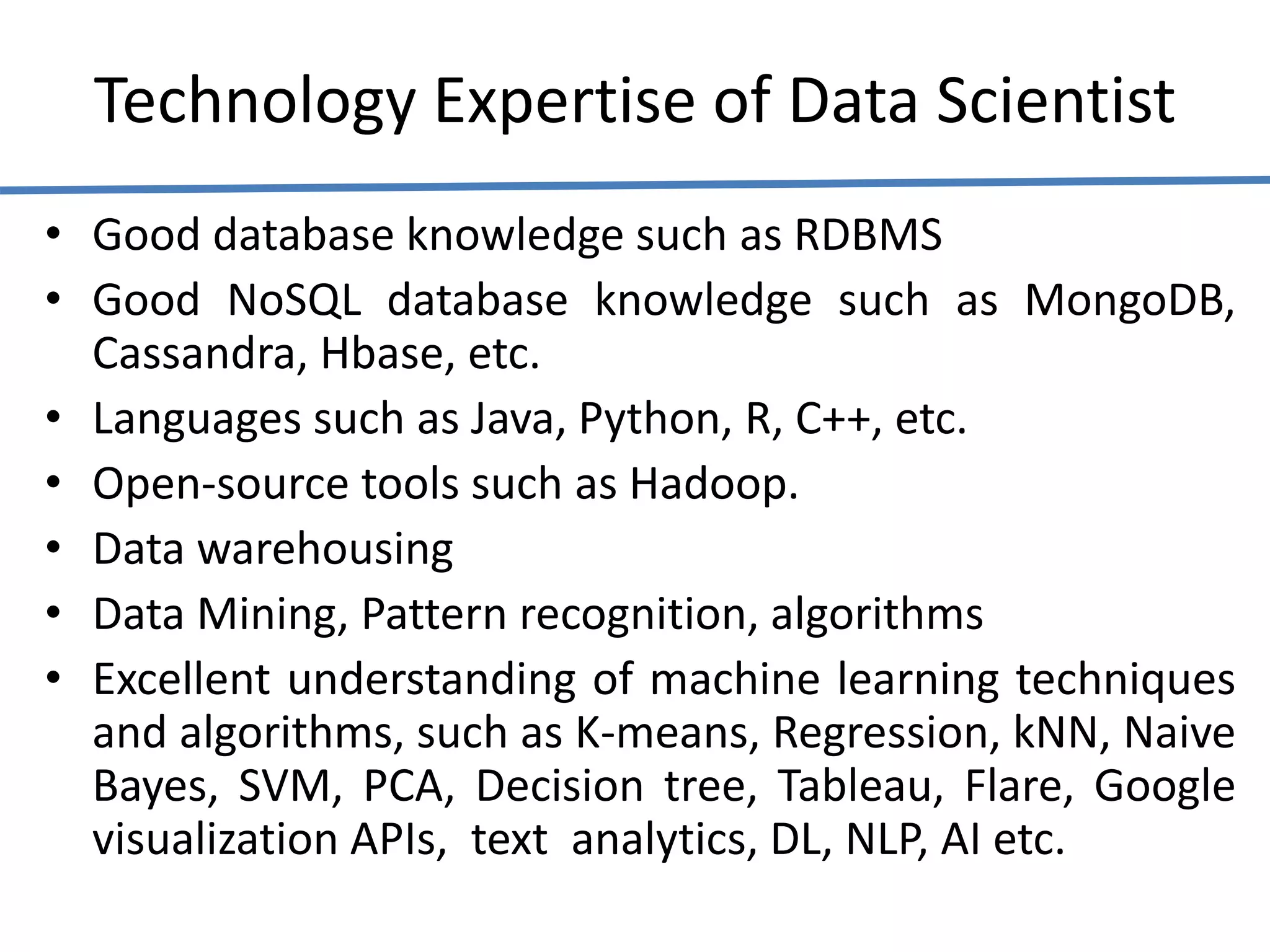 Technology Expertise of Data Scientist
• Good database knowledge such as RDBMS
• Good NoSQL database knowledge such as MongoDB,
Cassandra, Hbase, etc.
• Languages such as Java, Python, R, C++, etc.
• Open-source tools such as Hadoop.
• Data warehousing
• Data Mining, Pattern recognition, algorithms
• Excellent understanding of machine learning techniques
and algorithms, such as K-means, Regression, kNN, Naive
Bayes, SVM, PCA, Decision tree, Tableau, Flare, Google
visualization APIs, text analytics, DL, NLP, AI etc.
 