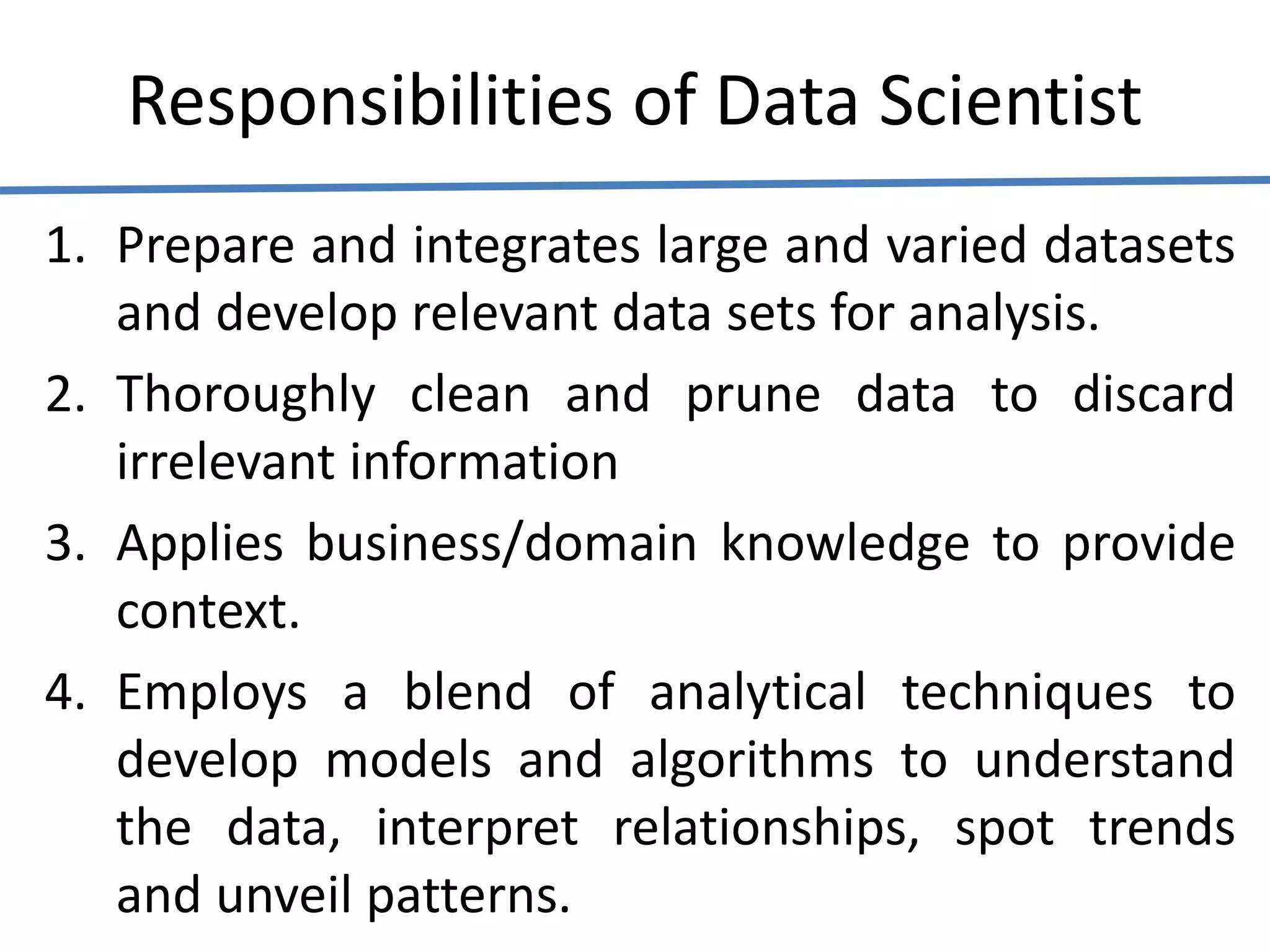 Responsibilities of Data Scientist
1. Prepare and integrates large and varied datasets
and develop relevant data sets for analysis.
2. Thoroughly clean and prune data to discard
irrelevant information
3. Applies business/domain knowledge to provide
context.
4. Employs a blend of analytical techniques to
develop models and algorithms to understand
the data, interpret relationships, spot trends
and unveil patterns.
 