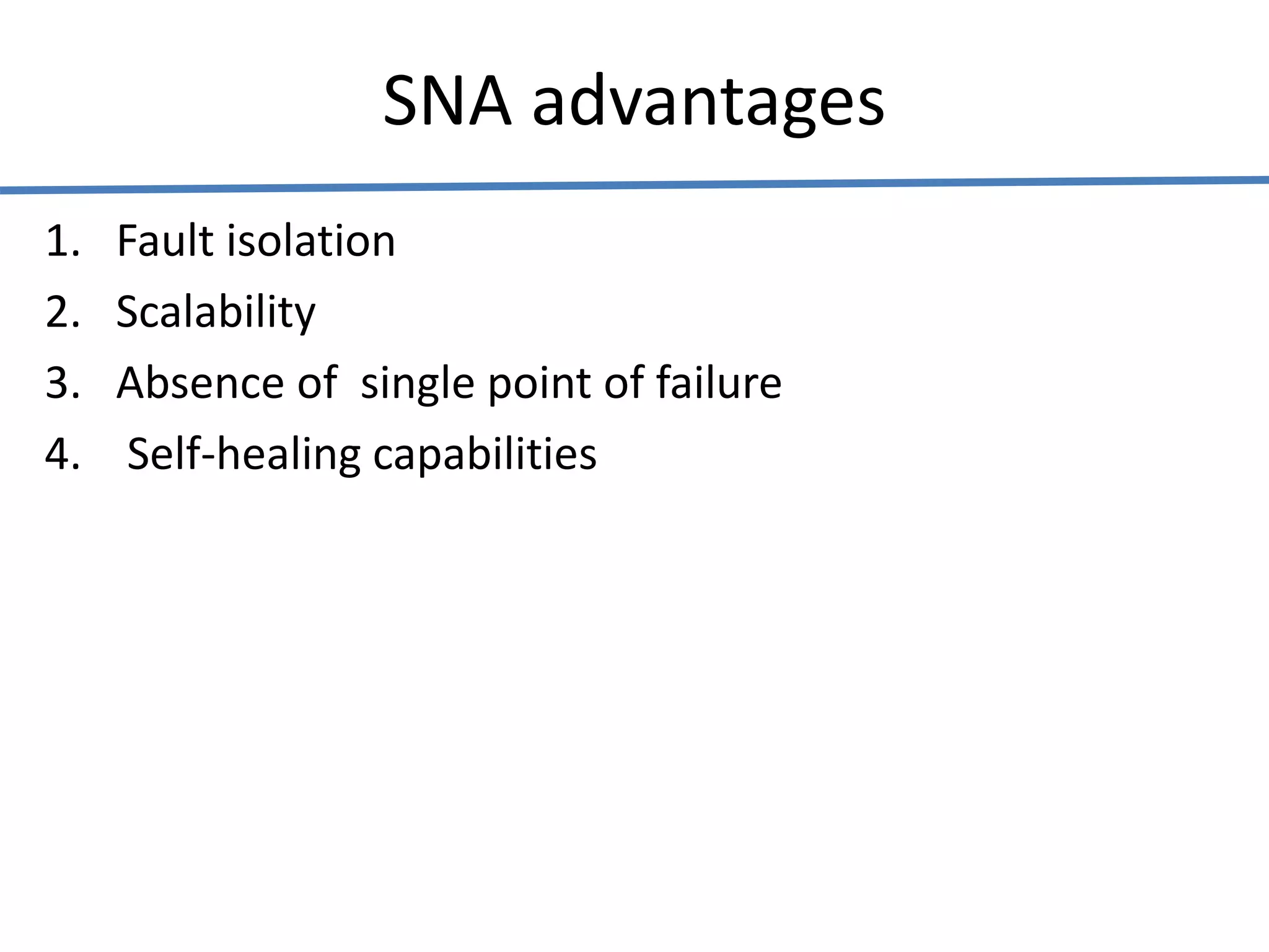 SNA advantages
1. Fault isolation
2. Scalability
3. Absence of single point of failure
4. Self-healing capabilities
 