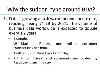 Why the sudden hype around BDA?
1. Data is growing at a 40% compound annual rate,
reaching nearly 74 ZB by 2021. The volume of
business data worldwide is expected to double
every 1.2 years.
– Examples:
– Wal-Mart : Process one million customer
transactions per hour.
– Twitter: 500 million tweets per day.
– 2.7 billion “Likes” and comments are posted by
Facebook users in a day.
 