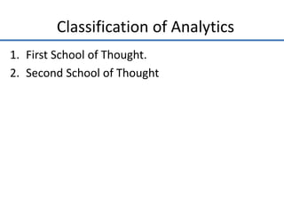 Classification of Analytics
1. First School of Thought.
2. Second School of Thought
 