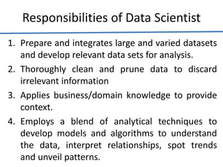 Responsibilities of Data Scientist
1. Prepare and integrates large and varied datasets
and develop relevant data sets for analysis.
2. Thoroughly clean and prune data to discard
irrelevant information
3. Applies business/domain knowledge to provide
context.
4. Employs a blend of analytical techniques to
develop models and algorithms to understand
the data, interpret relationships, spot trends
and unveil patterns.
 