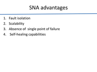 SNA advantages
1. Fault isolation
2. Scalability
3. Absence of single point of failure
4. Self-healing capabilities
 