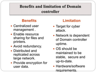 Benefits and limitation of Domain
controller
Benefits Limitation
 Centralized user
management .
 Enable resource
sharing for files and
printers.
 Avoid redundancy.
 Distributed and
replicated across
large network.
 Provide encryption for
user data.
 Target for cyber
attack.
 Network is dependent
of Domain controller
uptime.
 OS should be
maintained to be
stable, secure and
up-to-date.
 Hardware/software
requirements.
 