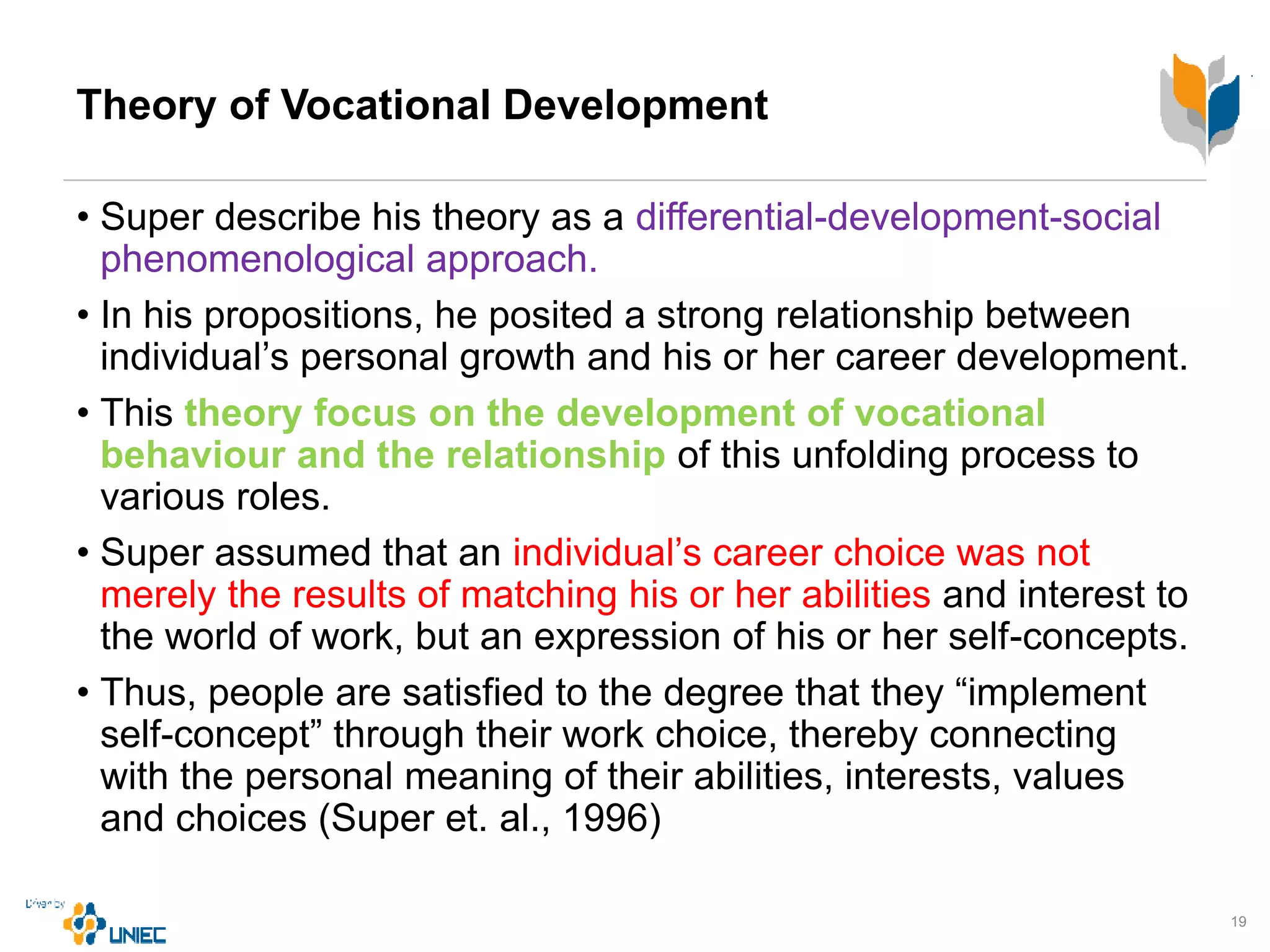 Theory of Vocational Development
• Super describe his theory as a differential-development-social
phenomenological approach.
• In his propositions, he posited a strong relationship between
individual’s personal growth and his or her career development.
• This theory focus on the development of vocational
behaviour and the relationship of this unfolding process to
various roles.
• Super assumed that an individual’s career choice was not
merely the results of matching his or her abilities and interest to
the world of work, but an expression of his or her self-concepts.
• Thus, people are satisfied to the degree that they “implement
self-concept” through their work choice, thereby connecting
with the personal meaning of their abilities, interests, values
and choices (Super et. al., 1996)
19
 