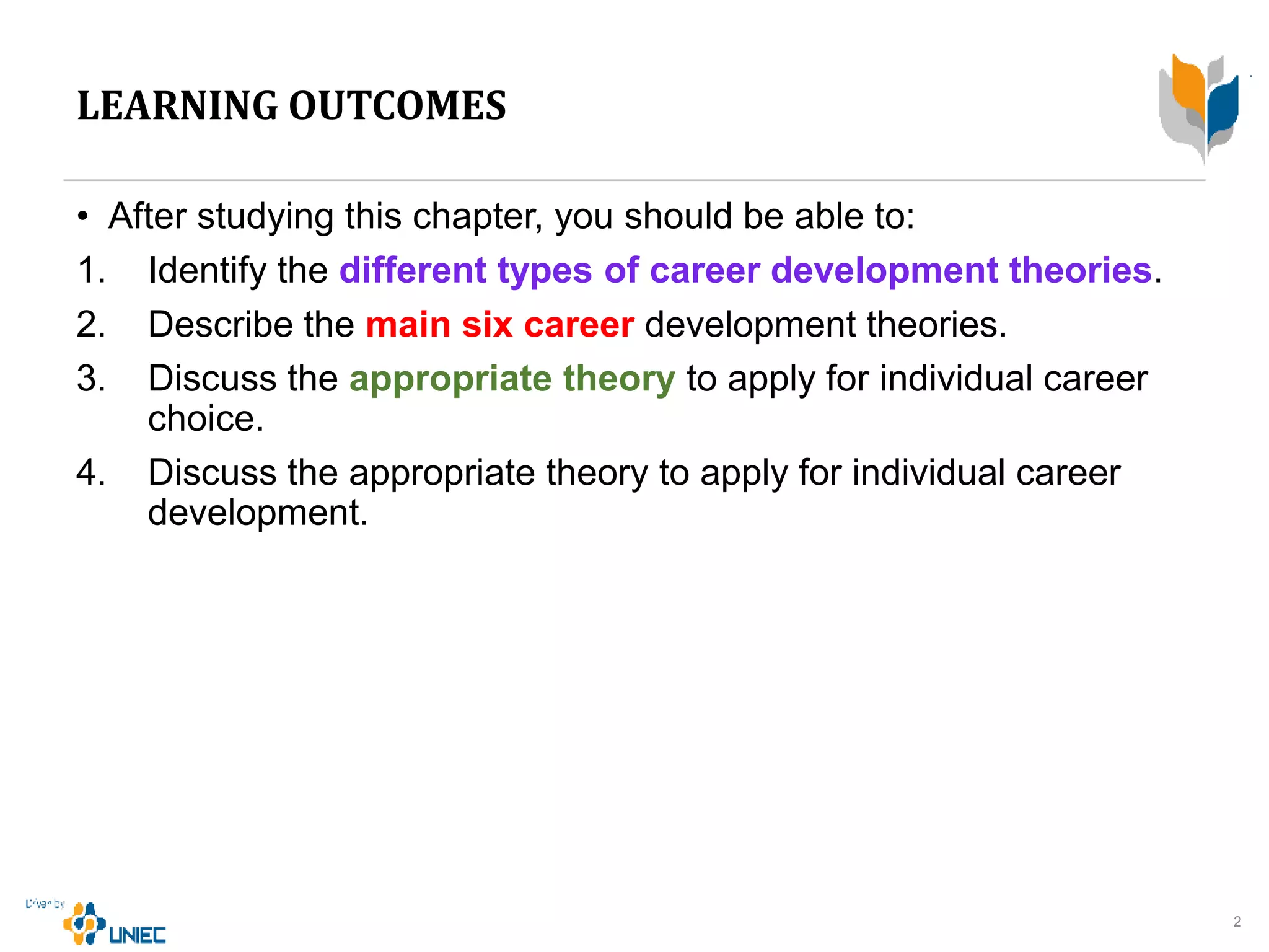 LEARNING OUTCOMES
• After studying this chapter, you should be able to:
1. Identify the different types of career development theories.
2. Describe the main six career development theories.
3. Discuss the appropriate theory to apply for individual career
choice.
4. Discuss the appropriate theory to apply for individual career
development.
2
 