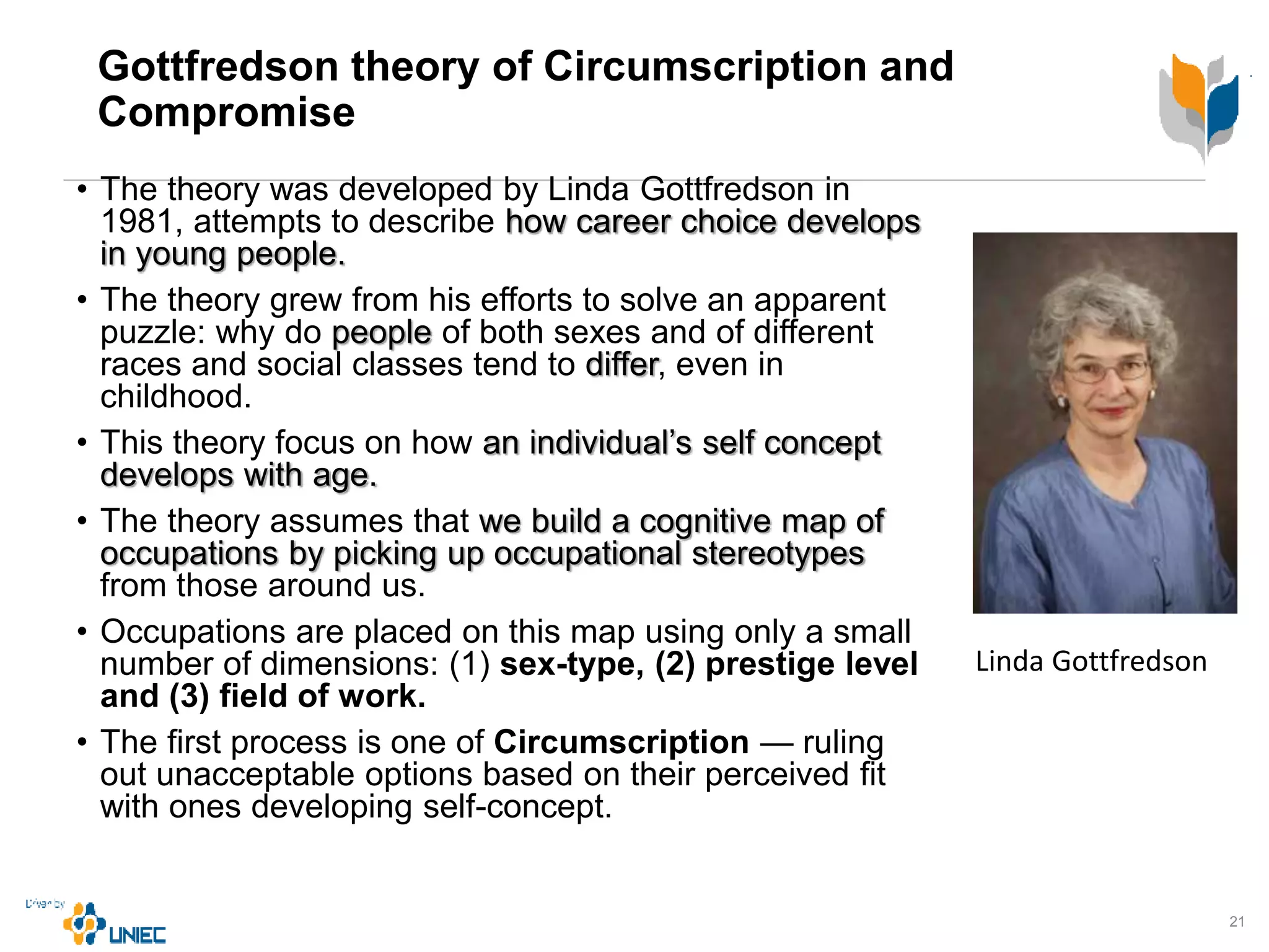 Gottfredson theory of Circumscription and
Compromise
• The theory was developed by Linda Gottfredson in
1981, attempts to describe how career choice develops
in young people.
• The theory grew from his efforts to solve an apparent
puzzle: why do people of both sexes and of different
races and social classes tend to differ, even in
childhood.
• This theory focus on how an individual’s self concept
develops with age.
• The theory assumes that we build a cognitive map of
occupations by picking up occupational stereotypes
from those around us.
• Occupations are placed on this map using only a small
number of dimensions: (1) sex-type, (2) prestige level
and (3) field of work.
• The first process is one of Circumscription — ruling
out unacceptable options based on their perceived fit
with ones developing self-concept.
21
Linda Gottfredson
 