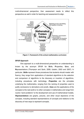 Assessment and Evaluation in Mathematics Module 2
Ernie C. Cerado, PhD/compiler Page 4
multi-dimensional perspective, then assessment needs to reflect this
perspective as well in order for teaching and assessment to align.
Figure 1. Framework of the school mathematics curriculum
SPUR Approach
One approach to a multi-dimensional perspective on understanding is
known by the acronym SPUR for Skills, Properties, Uses, and
Representations (Thompson and Senk, 2008; Usiskin, 2003 and 2007). In
particular, Skills represent those procedures that students should master with
fluency; they range from applications of standard algorithms to the selection
and comparison of algorithms to the discovery or invention of algorithms,
including procedures with technology. Properties are the principles
underlying the mathematics, ranging from the naming of properties used to
justify conclusions to derivations and proofs. Uses are the applications of the
concepts to the real world or to other concepts in mathematics and range from
routine “word problems” to the development and use of mathematical models.
Representations are graphs, pictures, and other visual depictions of the
concepts, including standard representations of concepts and relations to the
discovery of new ways to represent concepts.
 
