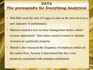 DATA
The prerequisite for Everything Analytical
• Wal-Mart used the ratio of wages to sales at the store level as a
new indicator of performance.
• Marriott created a new revenue management metric called “
revenue opportunity” that relates actual revenues to optimal
revenues at a particular property.
• Harrah’s also measured the frequency of employee smiles on
the casino floor, because it determined that they were
positively associated with customer satisfaction.
1-19
 