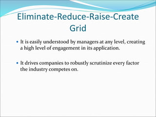 Eliminate-Reduce-Raise-Create
Grid
 It is easily understood by managers at any level, creating
a high level of engagement in its application.
 It drives companies to robustly scrutinize every factor
the industry competes on.
 