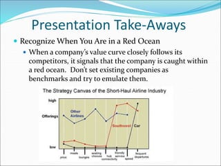 Presentation Take-Aways
 Recognize When You Are in a Red Ocean
 When a company’s value curve closely follows its
competitors, it signals that the company is caught within
a red ocean. Don’t set existing companies as
benchmarks and try to emulate them.
 
